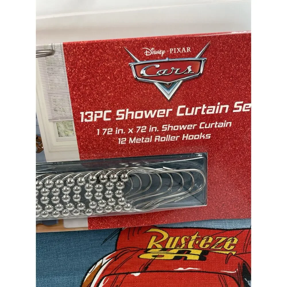 Disney Pixar Cars 13pc Shower Curtain Set 72x72 Polyester w/ Metal Roller Hooks